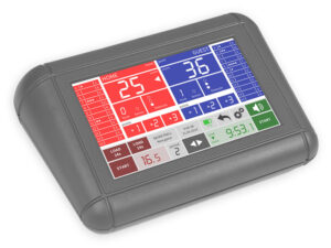 Consola pupitre táctil modelo Favero Console 700 para control inalámbrico de marcadores deportivos electrónicos led, con funcionamiento vía radio y alimentación a batería para deportes como baloncesto, voleibol, pelota vasca, fútbol sala, balonmano, hockey, waterpolo, ...