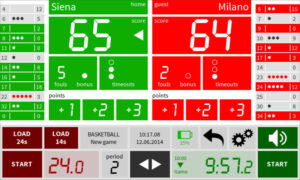 Consola táctil modelo Favero Console 700 para control inalámbrico de marcadores deportivos digitales led, con funcionamiento vía radio para deportes como baloncesto, voleibol, pelota vasca, fútbol sala, balonmano, hockey, waterpolo, ...