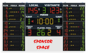 Marcador deportivo led electrónico modelo Pol500 Favero FS130 para deportes como baloncesto, voleibol, pelota vasca, fútbol sala, balonmano, hockey, waterpolo, ...