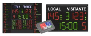 Marcador electrónico polideportivo led de interior homologado para fútbol sala y baloncesto con tablero inalámbrico y visualización de tanteador, posesión, reloj y faltas
