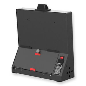 Marcador electrónico led inalámbrico a batería de posesión de baloncesto waterpolo con tiempos de 24/14 y 30/20 segundos modelo Favero wsc-24s. Vista posterior. Aprobado por la Fiba. Luz roja al finalizar el tiempo.
