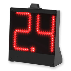 Marcador electrónico led inalámbrico a batería de posesión de baloncesto waterpolo con tiempos de 24/14 y 30/20 segundos modelo Favero wsc-24s. Vista posterior. Aprobado por la Fiba. Décimas de segundo.