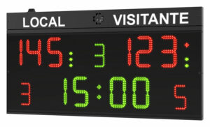 Marcador tablero deportivo led electrónico modelo Pol75 Favero FC50H20 para deportes como baloncesto, con tanteador, tiempo de juego, faltas por equipo, sets, exclusiones, ...