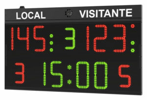 Marcador tablero deportivo led electrónico modelo Pol100 Favero FC50H25 para deportes como baloncesto, con tanteador, tiempo de juego, faltas por equipo, sets, exclusiones, ...