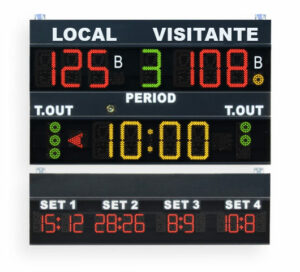 Marcador tablero deportivo led electrónico modelo Pol300 Favero FS100 para deportes como baloncesto, con tanteador, tiempo de juego, faltas por equipo, sets, exclusiones, ...
